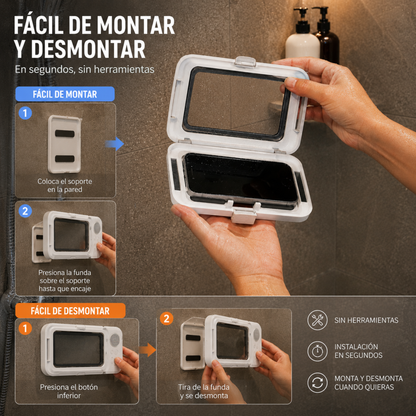 Soporte de Teléfono Móvil 100% Impermeable para la Ducha con Amplicación de Audio y Pantalla Táctil