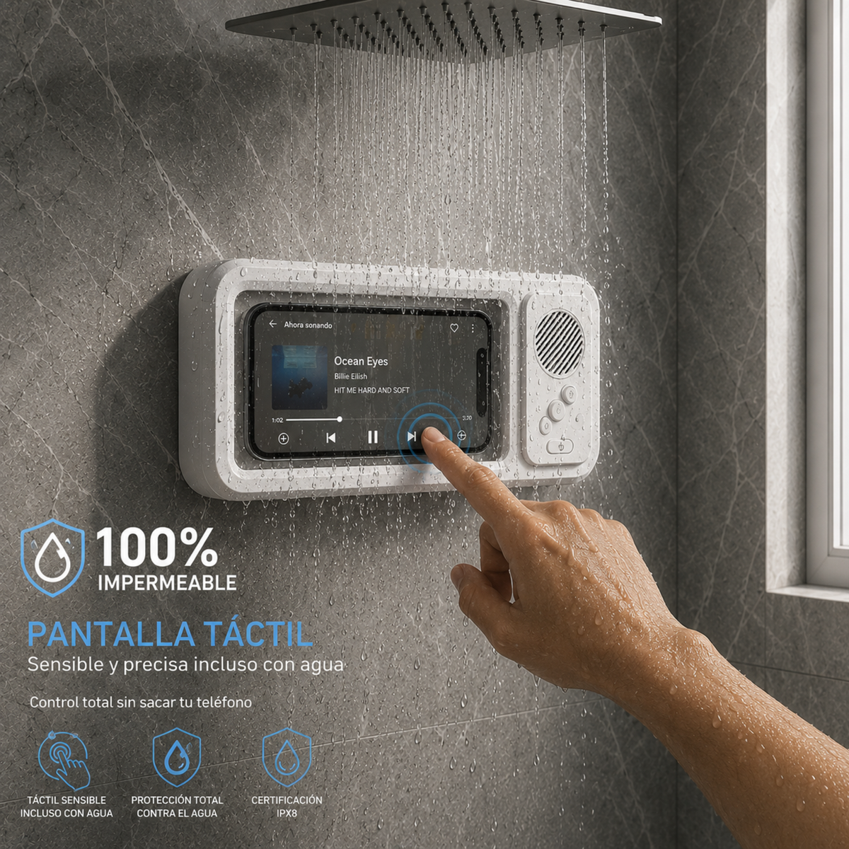 Funda de Teléfono Impermeable con Altavoz Bluetooth y Pantalla Táctil para la Ducha