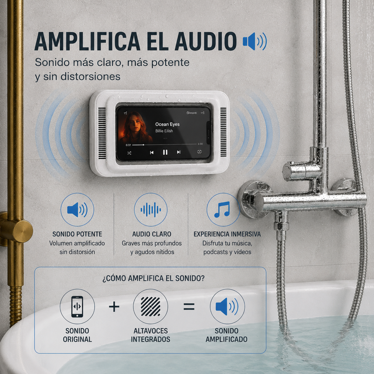 Soporte de Teléfono Móvil 100% Impermeable para la Ducha con Amplicación de Audio y Pantalla Táctil